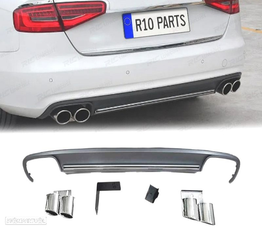 KIT DIFUSOR PARACHOQUES TRASEIRO PARA AUDI A4 B8 11-15 LOOK S4 + 2 PONTEIRAS - 1