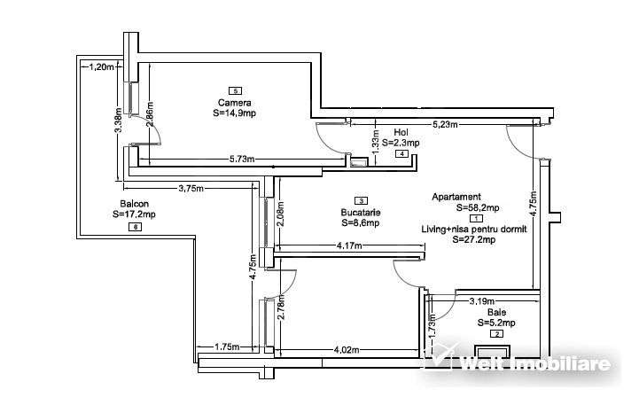 Apartament FINISAT 58mp 3 cam, terasa 17mp, Lidl Frunzisului - Imagine principală: 4/10