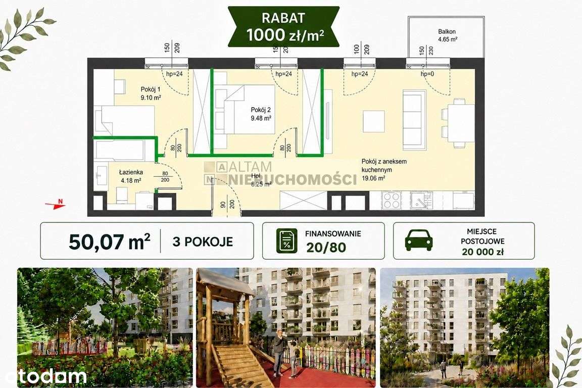 3pok 50m2 balkon|-1000zł/m2|Finansowanie 20/80|0%