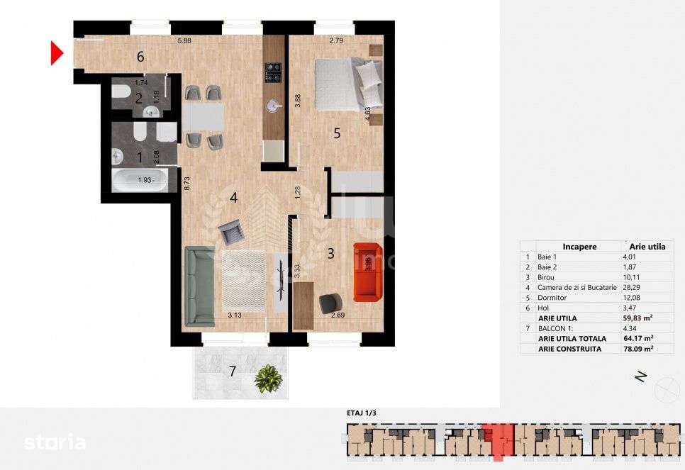Apartament cu 3 camere | 59.83mp | Bloc nou | Etaj 1 | Garaj | Zorilor - Imagine principală: 3/12