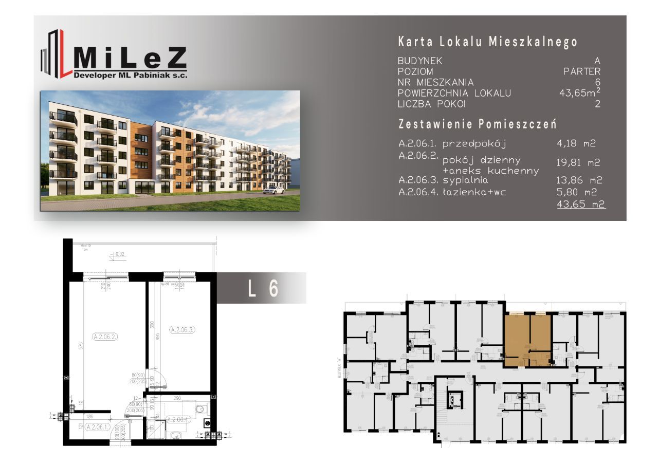 Mieszkanie 2 pokoje o pow. 43,65 m2