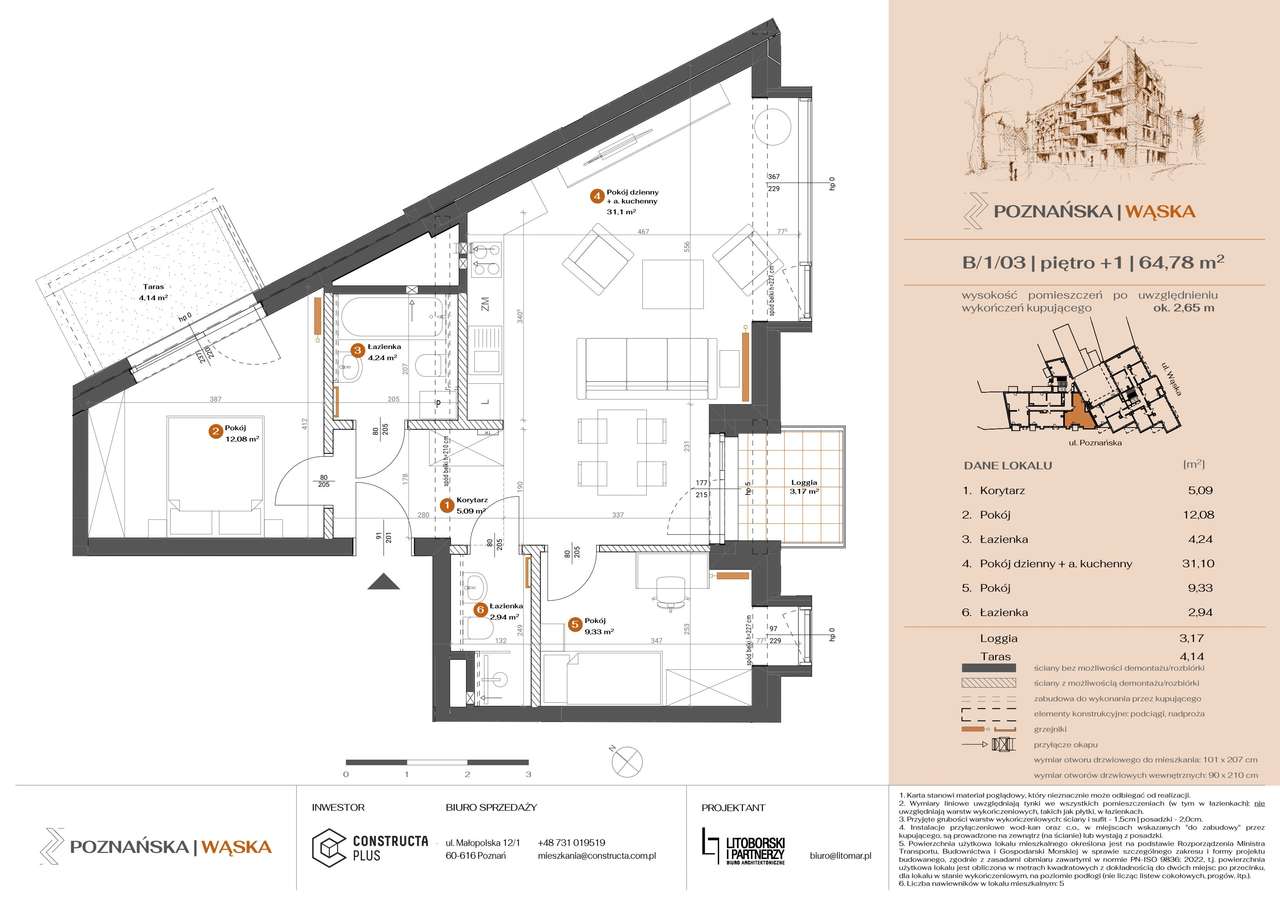 3-pokojowe mieszkanie 64m2 + taras Bezpośrednio - Pełny obrazek: 2/7