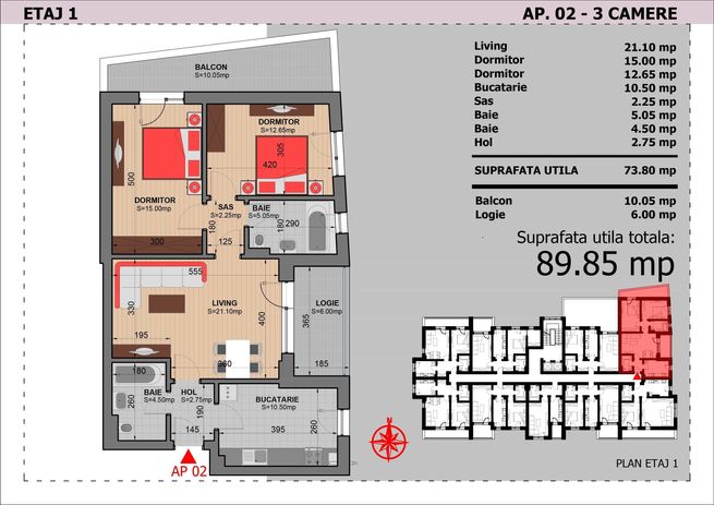 Apartament 3 Camere Decomandat Sector 4 Grand Arena 89.85Mp