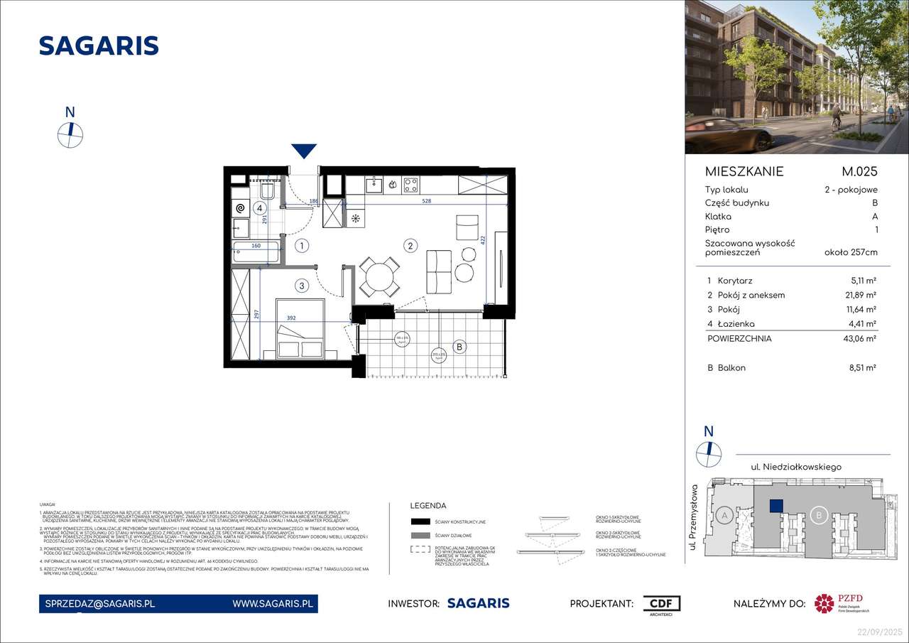 2-pokojowe mieszkanie 43m2 + balkon - Pełny obrazek: 2/9