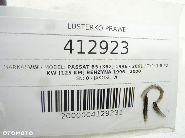 LUSTERKO PRAWE VW PASSAT B5 (3B2) 1996 - 2001 1.8 92 kW [125 KM] benzyna 1996 - 2000 - 6