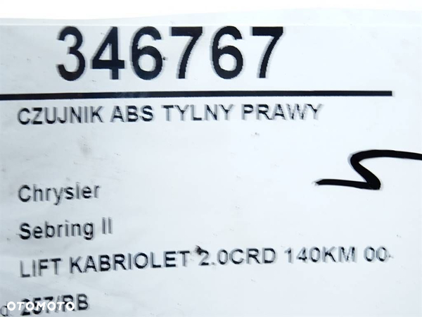 CZUJNIK ABS TYLNY PRAWY CHRYSLER SEBRING kabriolet (JS) 2007 - 2010 2.0 CRD 103 kW [140 KM] olej - 6