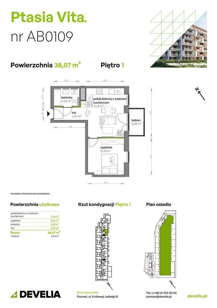 2-pokojowe mieszkanie 38m2 + balkon Bezpośrednio - Pełny obrazek: 2/6