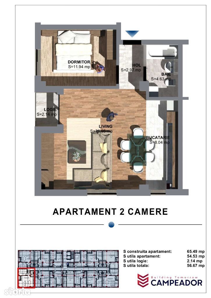 CAMPEADOR: Apartament cu 2 cam, 54 mp utili, cu balcon tip logie, et.2