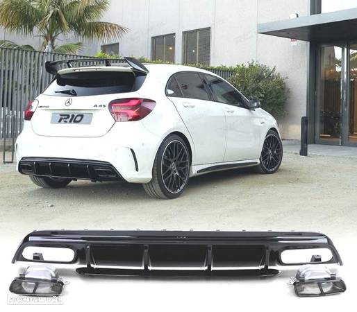 DIFUSOR TRASEIRO PARA MERCEDES CLASSE A W176 15-18 LOOK A-45 AMG PRETO BRILHANTE + PONTEIRAS - 1