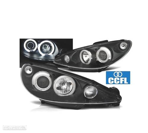 FARÓIS ANGEL EYES CCFL PARA PEUGEOT 206 H4 98-02 FUNDO PRETO - 1