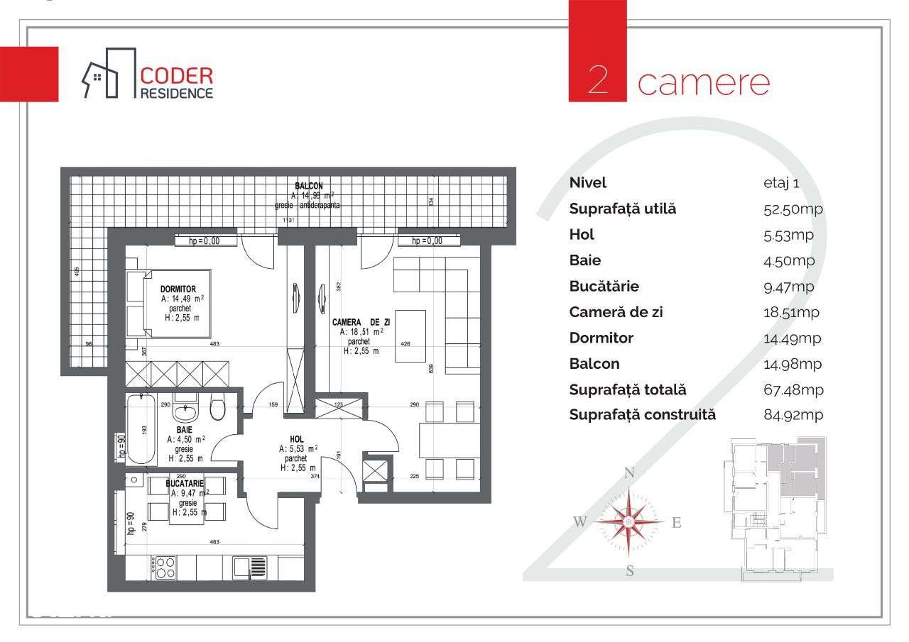 Apartament 2 camere terasa 15 m2 Coder Residence 3-14