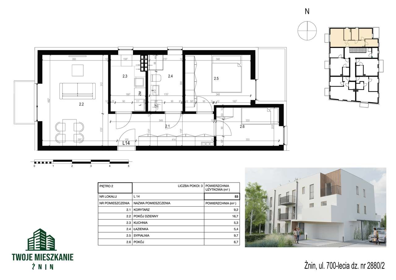 Mieszkanie 57m2 3 pokoje +  m2 balkon - Pełny obrazek: 3/5