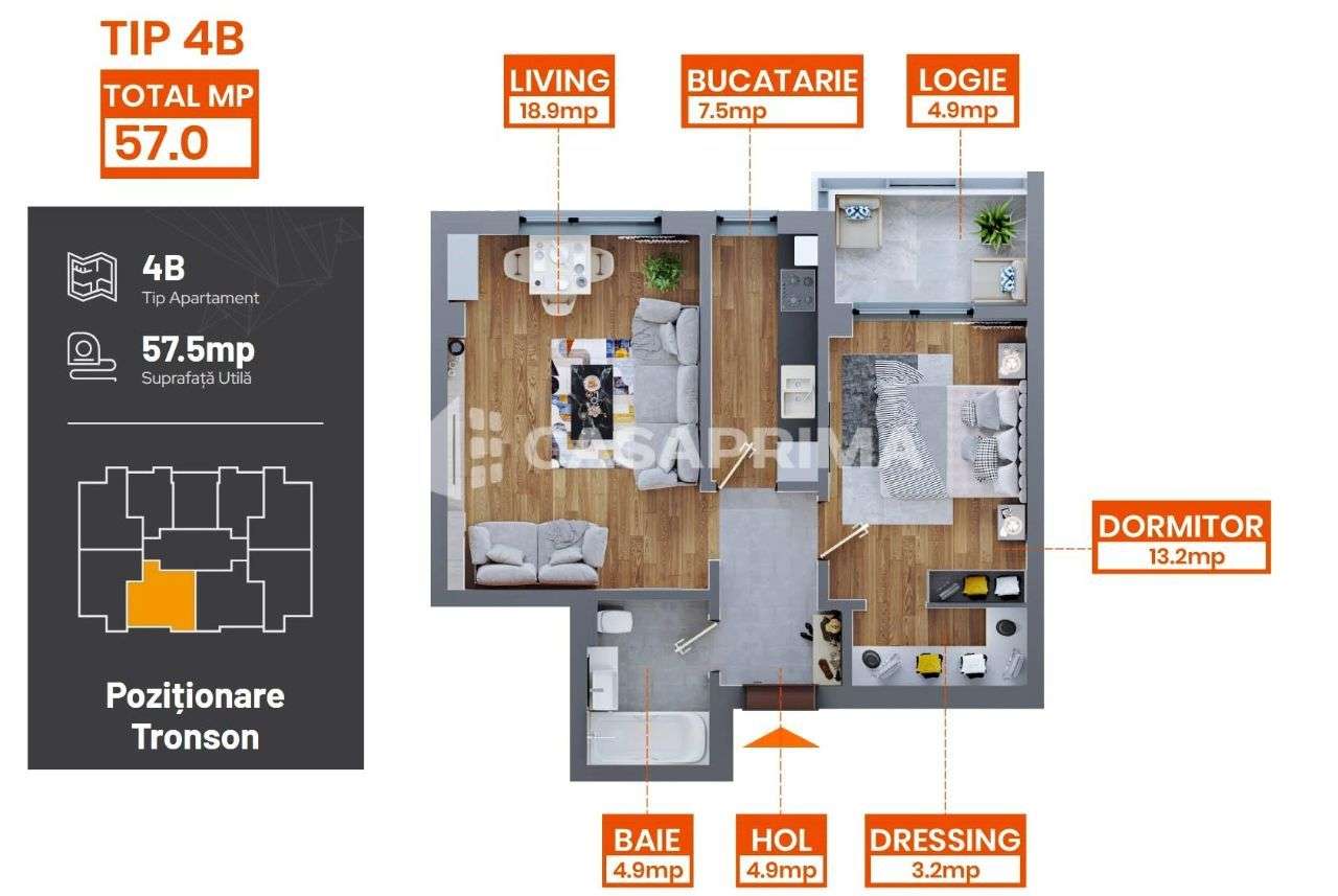 Vrei sa te muti azi? Apartament 2 camere 58 mp, bloc NOU Dacia - Imagine principală: 5/12
