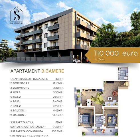 Apartament 3 camere, 2 terase, Bloc nou, Tomis nord , Odessa nr.6-1