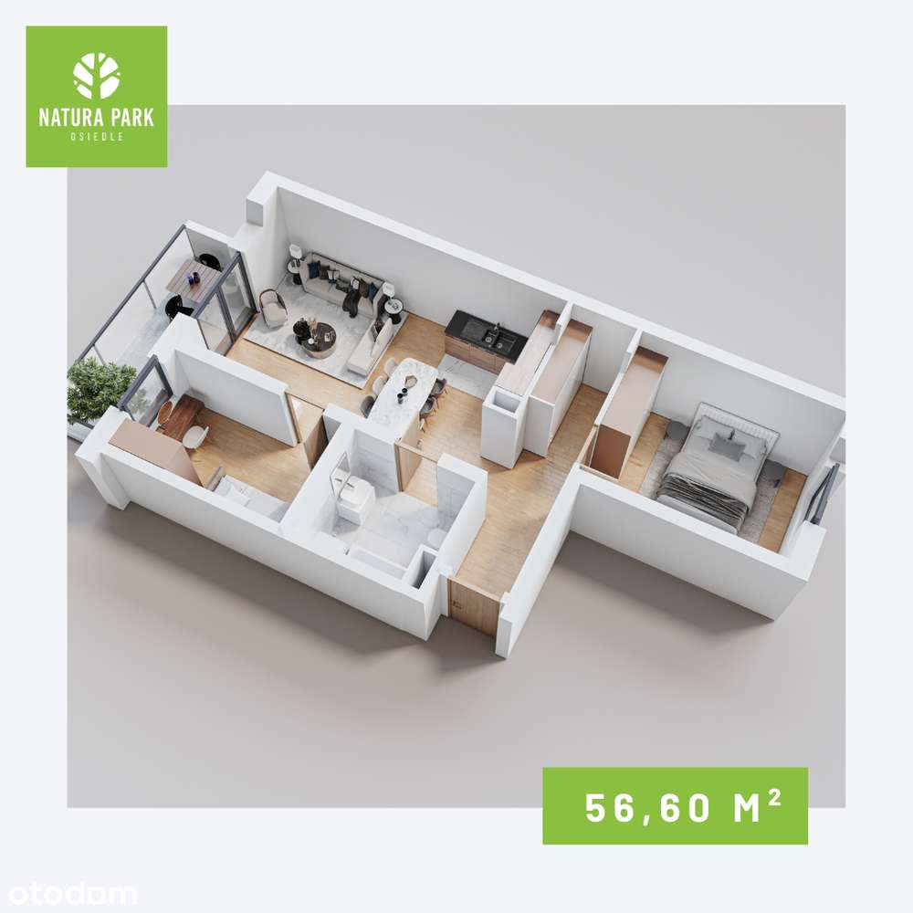 Komfortowe 3 pokoje 56,89 m² z garderobą, balkonem, Natura Park