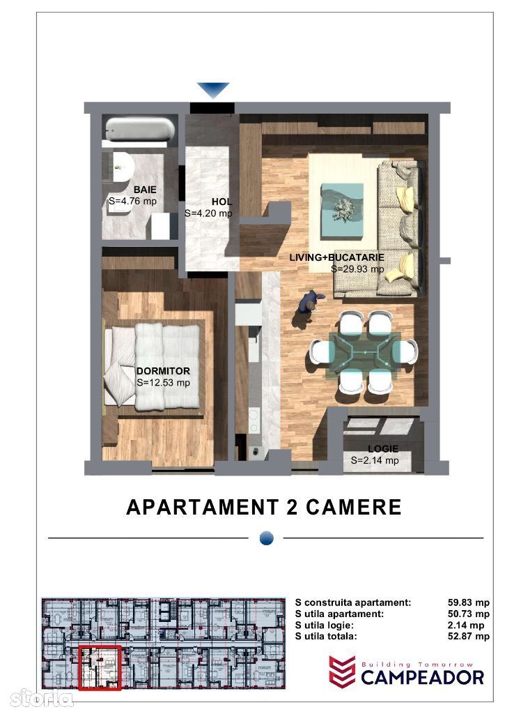 CAMPEADOR: Apartament cu 2 cam, 50 mp utili cu balcon tip logie, et. 6