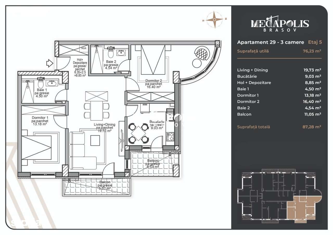 Apartament 3 camere | Coresi | Platǎ Tranşe | Credit - Imagine principală: 4/20