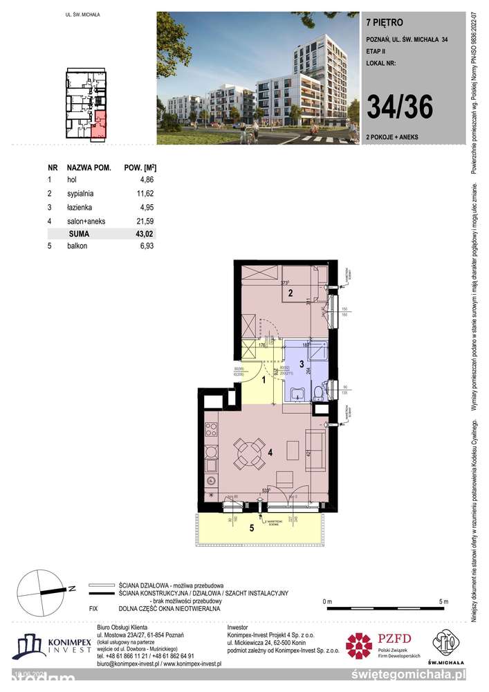 2-pokojowe mieszkanie 43m2 + balkon - Pełny obrazek: 2/9