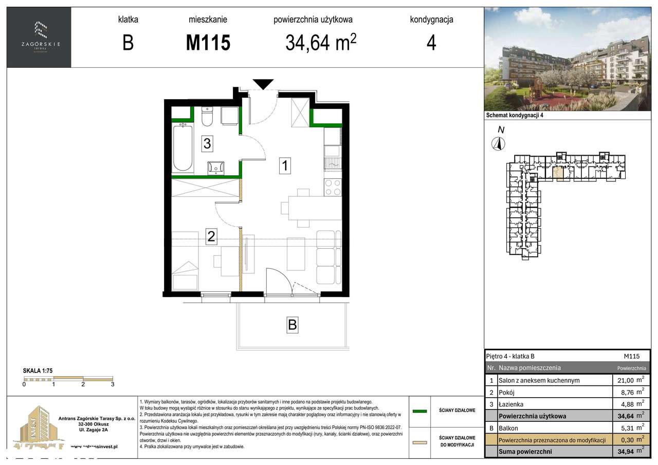 2-pokojowe mieszkanie 34m2 + balkon - Pełny obrazek: 2/8