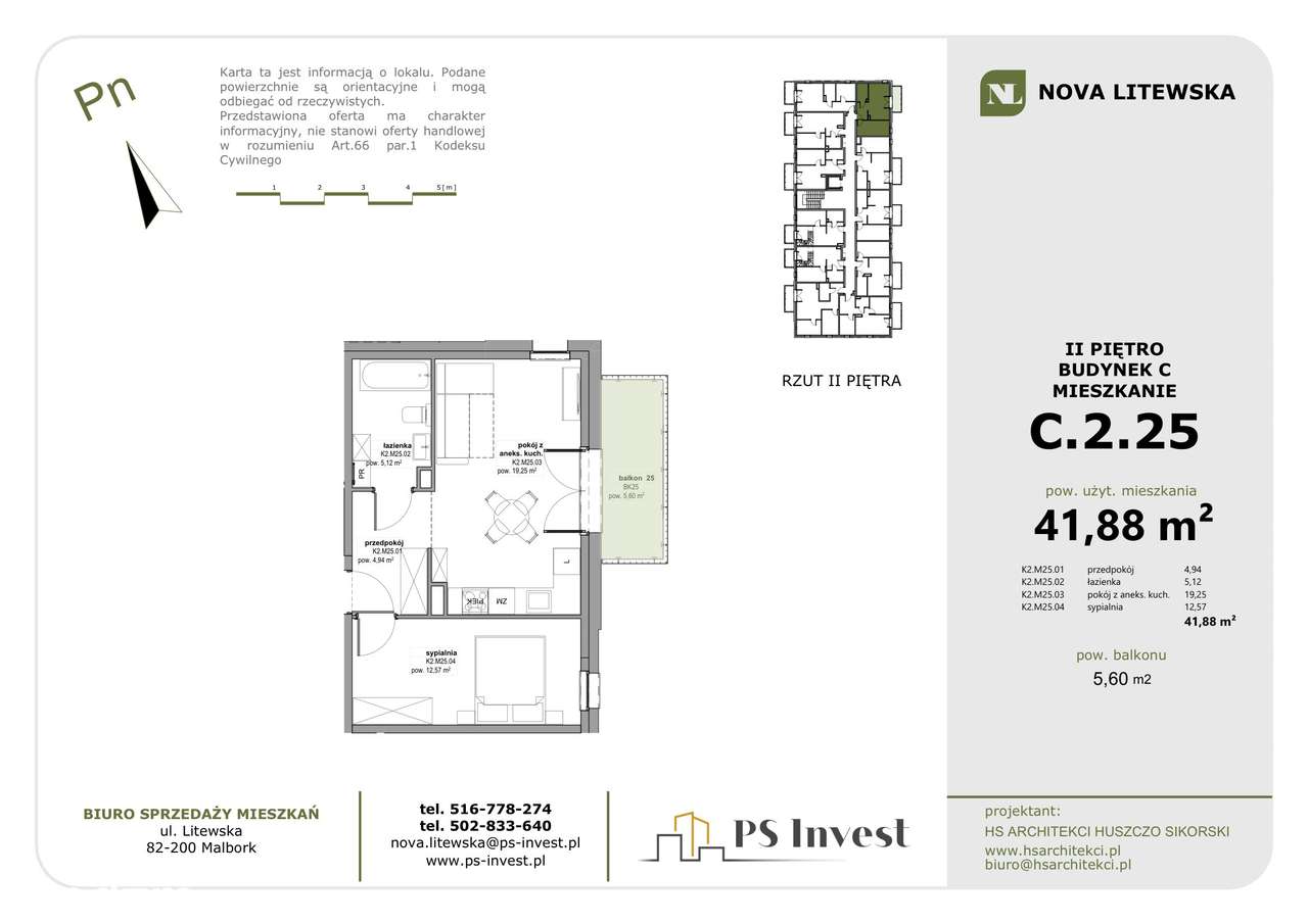 Duża sypialnia! Nowe 2 pokoje 42 m² + balkon | 2. piętro, Winda (lokal C25)