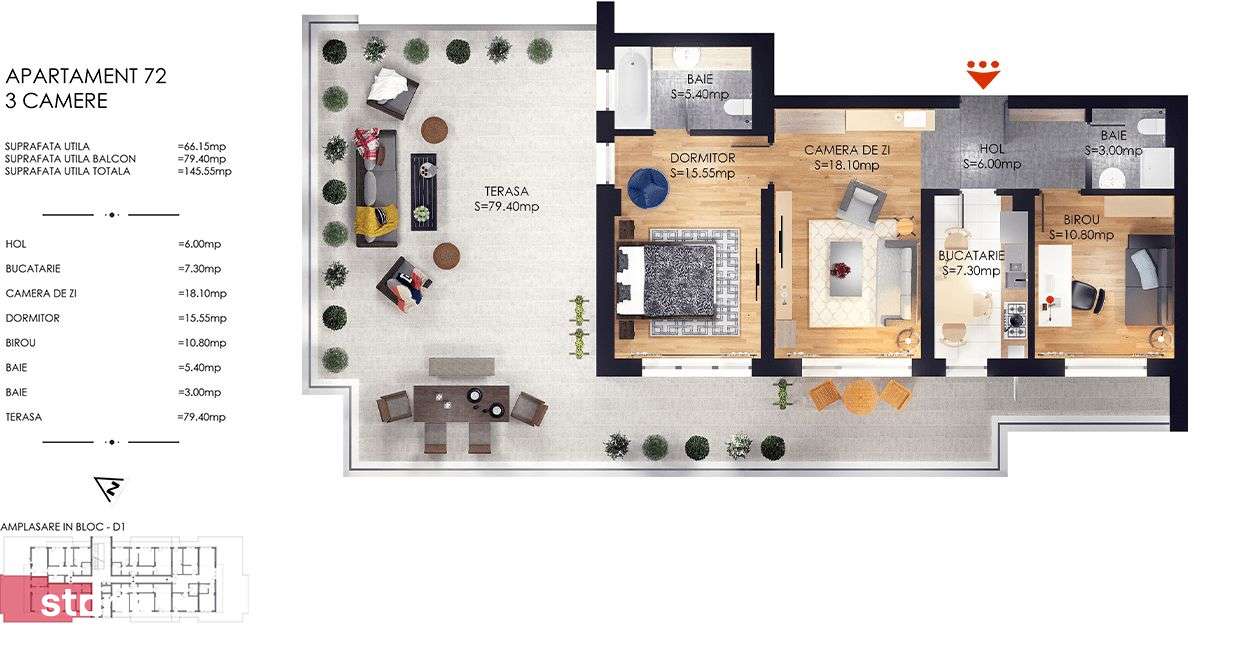 Apartament 3 camere cu terasa, Cartierul Solar, parc Tudor Arghezi
