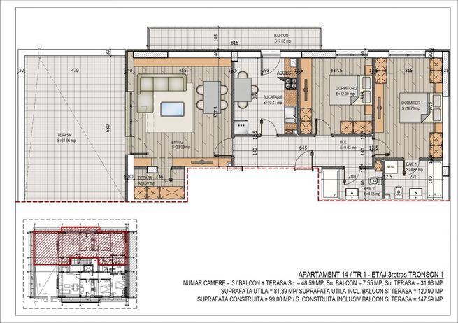 3 camere cu Terasa Titan Pallady Metrou Nicolae Teclu