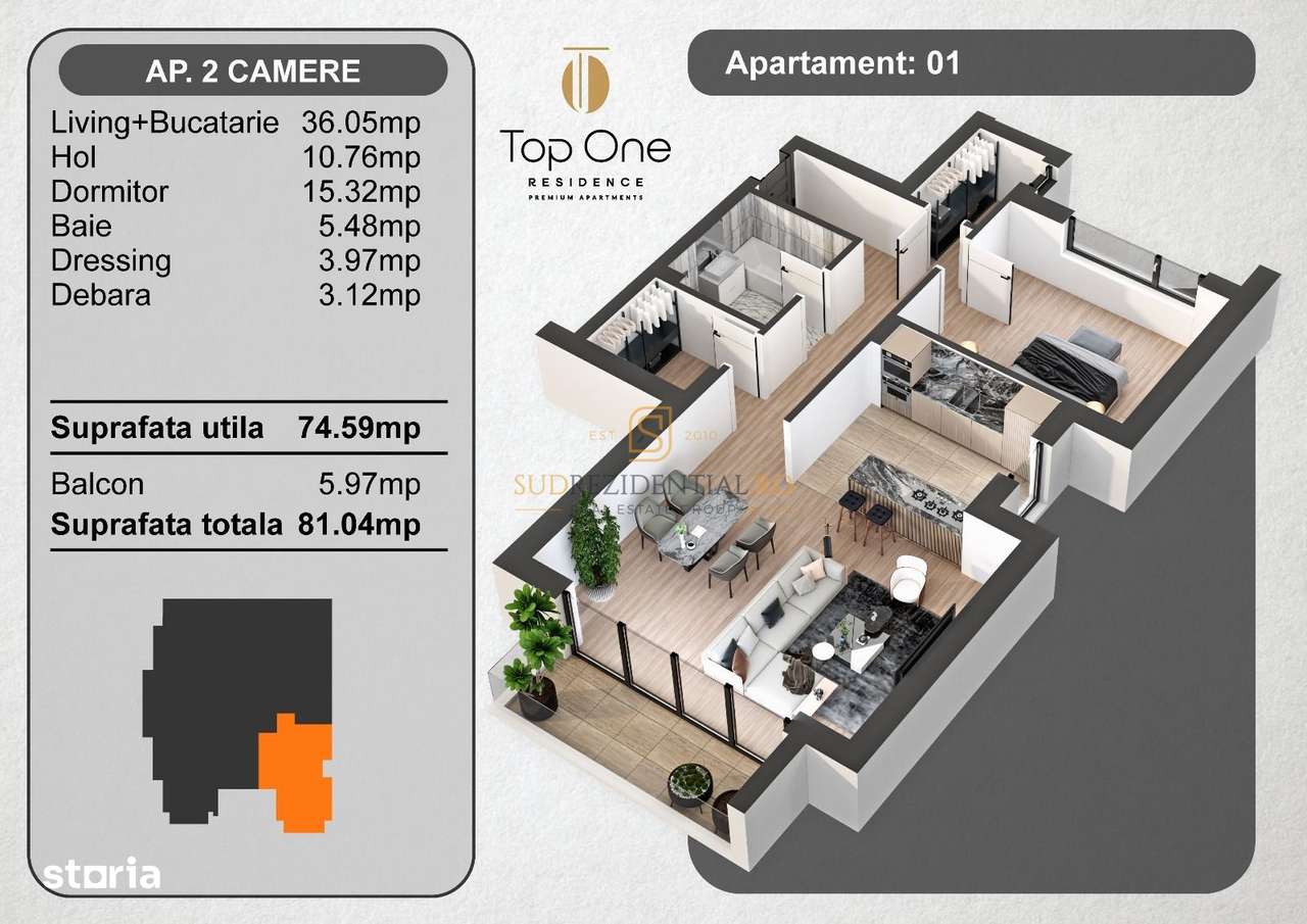 Apartament 2 camere, 81 mp, ansamblu rezidential premium, ultracentral - Imagine principală: 5/20