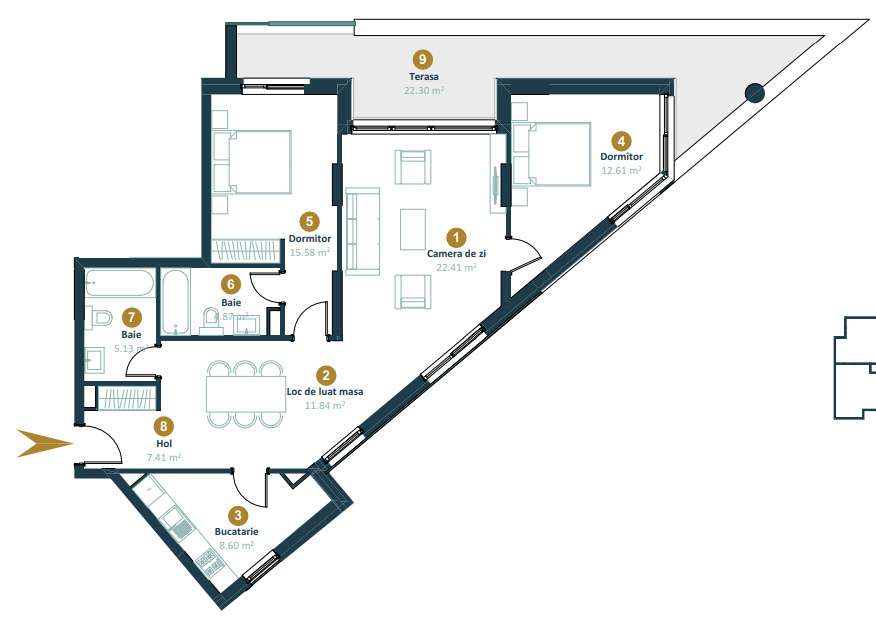 Apartament semifinisat, 3 camere, 2 bai, terasa 22mp, Intre Lacuri — fotografia 1