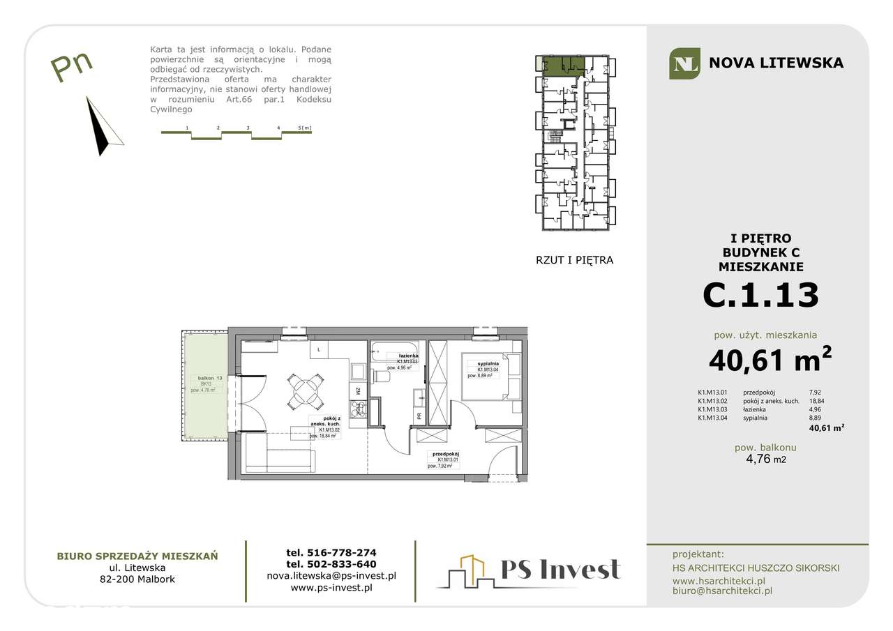 Funkcjonalne 2 pokoje (40,6 m²) | 1. piętro, garaż | Bez PCC (lokal C13)