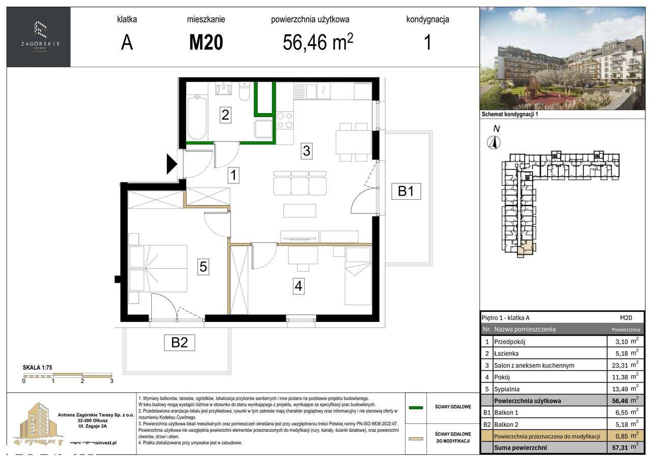 3-pokojowe mieszkanie 56m2 + balkon - Pełny obrazek: 2/8