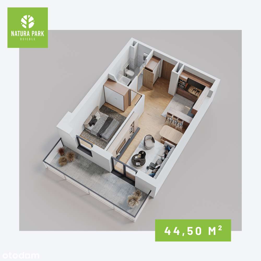 2 pokoje - 44,50 m² z balkonem 11m2 |Przestrzeń |Zieleń |Natura |Winda - Pełny obrazek: 2/7