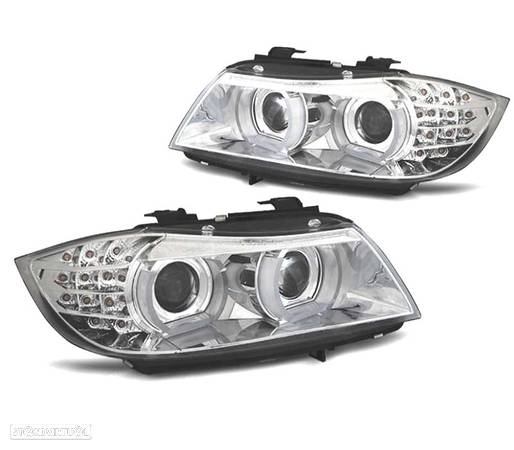 FARÓIS ANGEL EYES AFS U 3D XENON LED PARA BMW SERIE 3 E90 E91 08-12 FUNDO CROMADO - 1