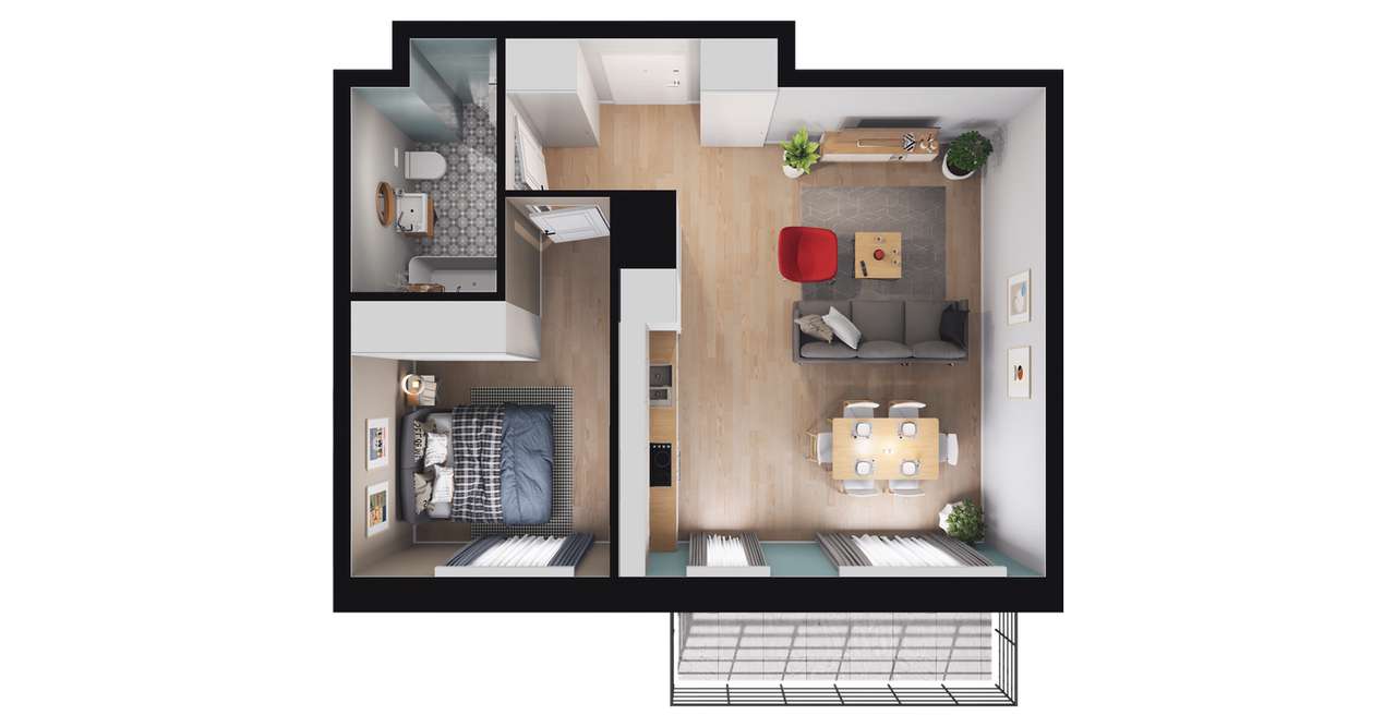 2-pokojowe mieszkanie 44m2 + balkon - Pełny obrazek: 2/8