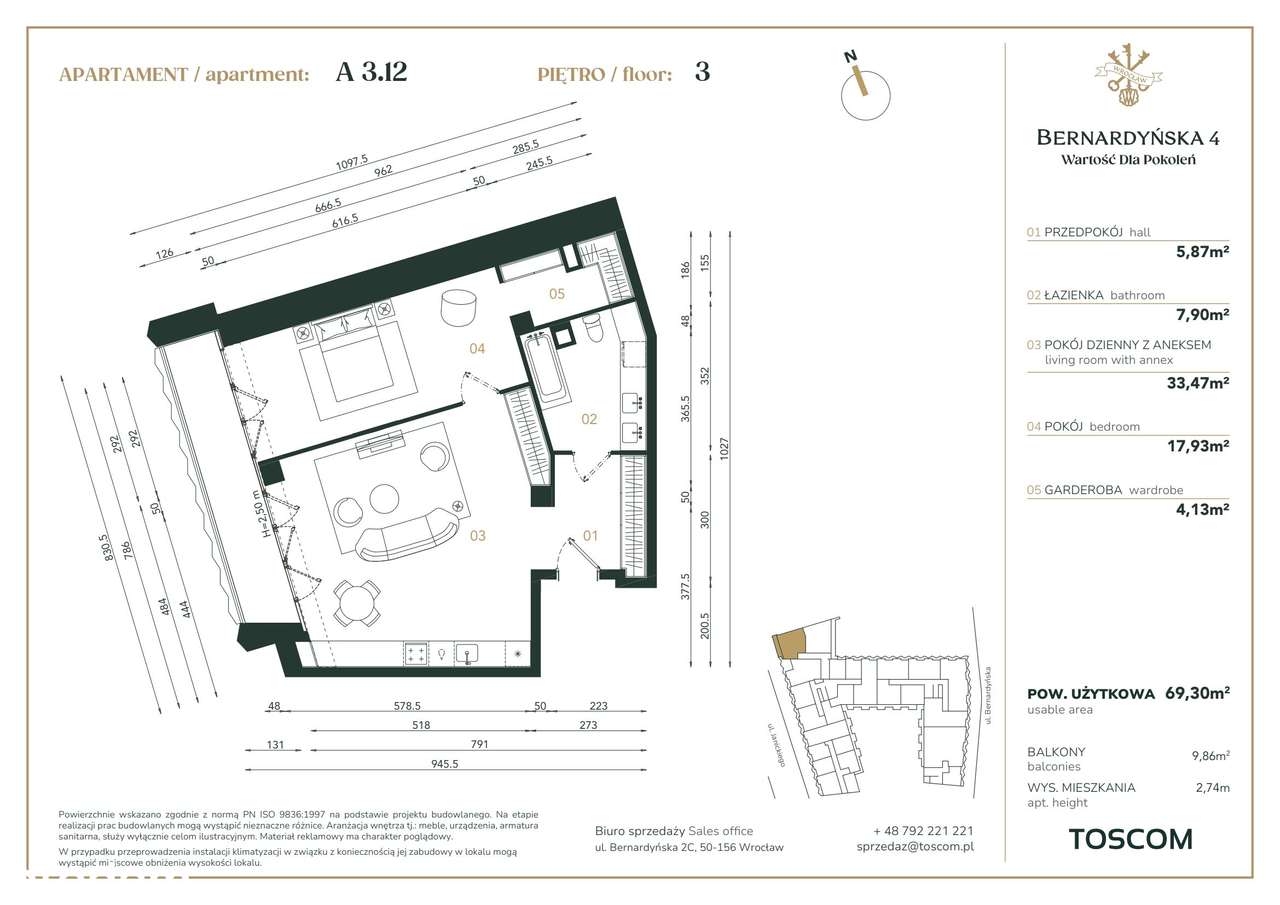2-pokojowy apartament 69m2 + balkon Bezpośrednio - Pełny obrazek: 2/7