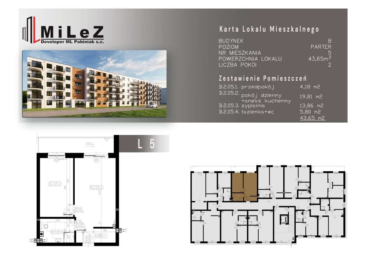 Mieszkanie 2 pokoje o pow. 43,65 m2 - Pełny obrazek: 1/6