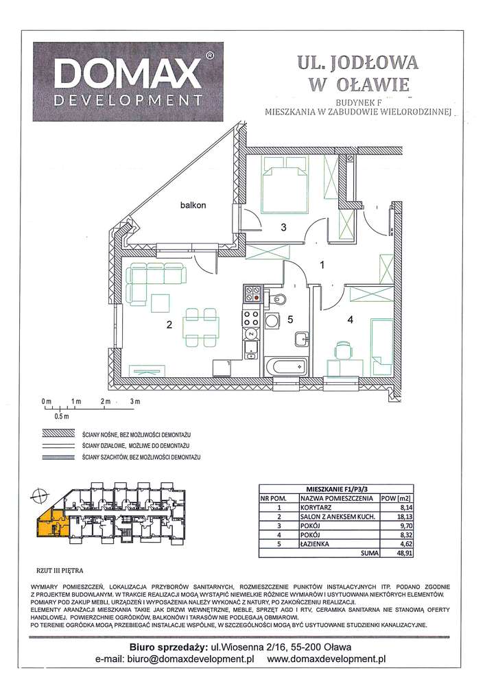 Mieszkanie trzypokojowe 48,91mkw z balkonem, F1/P3/3 - Pełny obrazek: 2/8