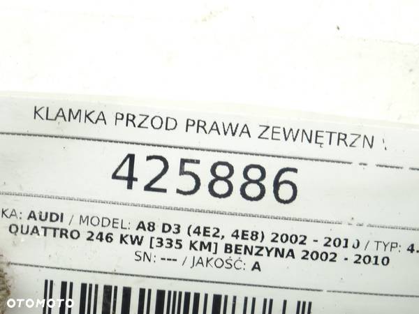 KLAMKA PRZÓD PRAWA ZEWNĘTRZNA AUDI A8 D3 (4E2, 4E8) 2002 - 2010 4.2 quattro 246 kW [335 KM] - 7