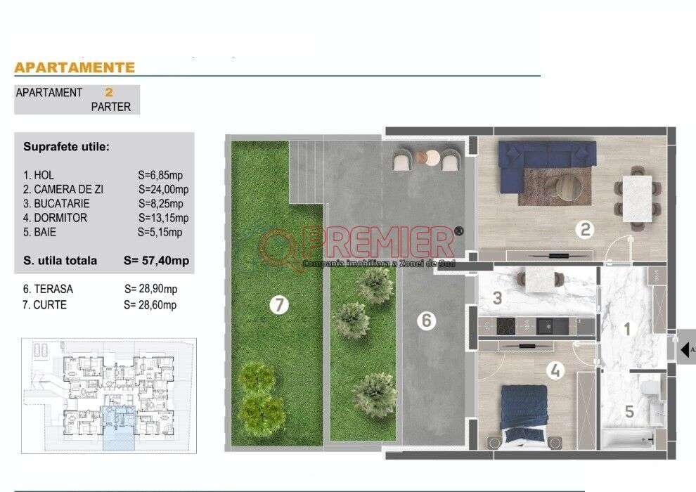 2 camere cu terasa si curte - Eroii Revolutiei - Bloc tip Boutique - Imagine principală: 2/15