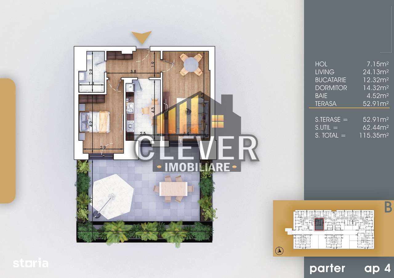 Apartament Decomandat 2 camere cu Terasa 53mp - Imagine principală: 1/5