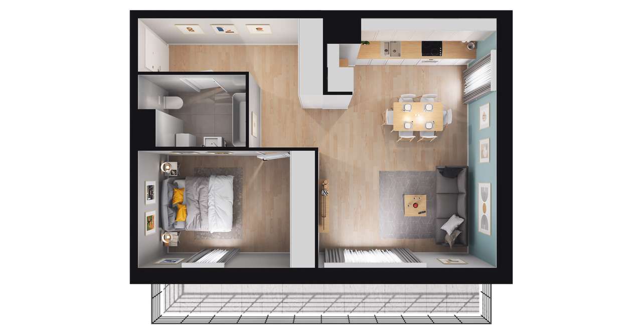 2-pokojowe mieszkanie 50m2 + loggia - Pełny obrazek: 2/8