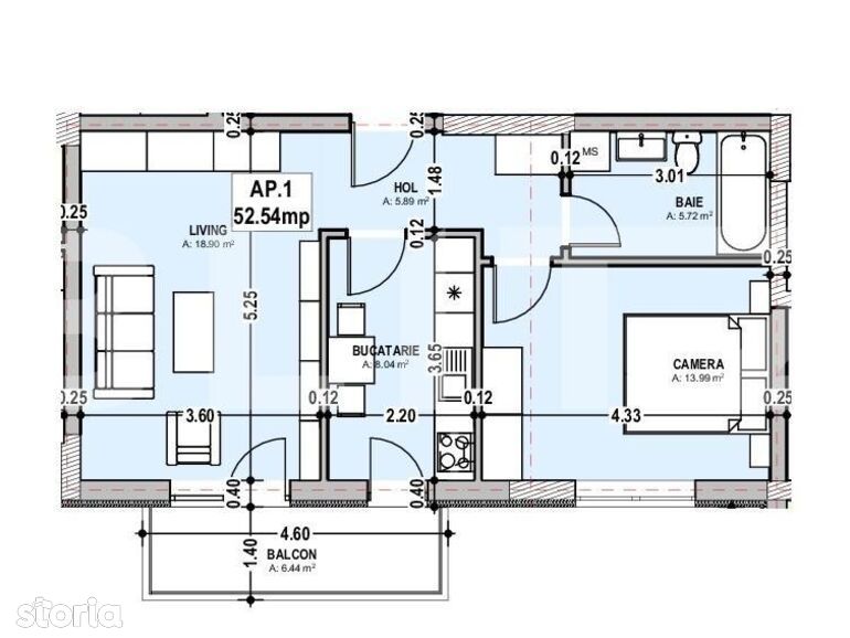 Proiect nou! Apartament 2 camere, 52.45 mp etaj intermediar in...