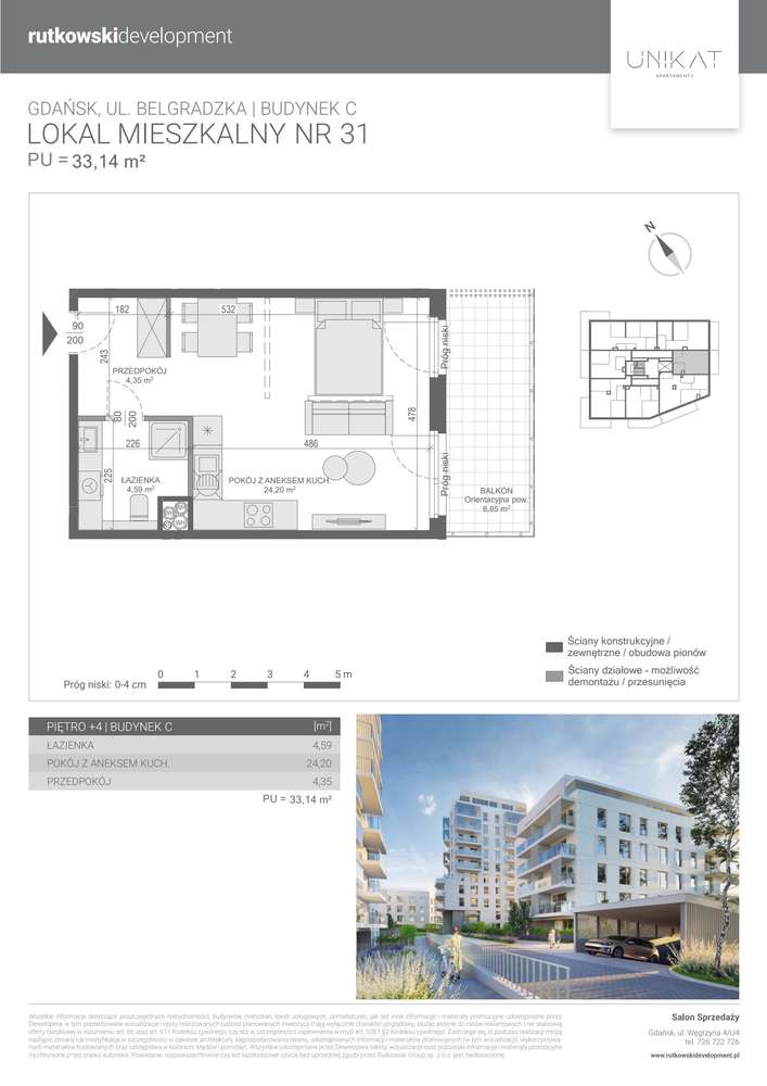1-pokojowe mieszkanie 33m2 + balkon - Pełny obrazek: 2/7