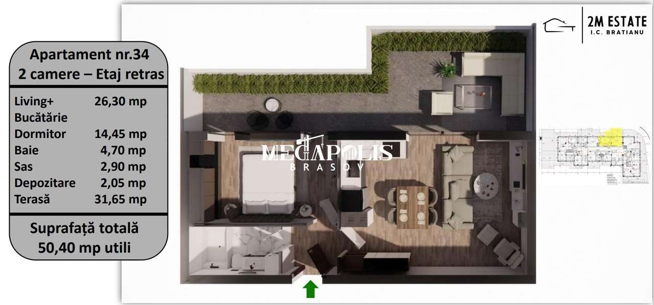 Apartament 2 Camere | Terasă de 31 MP | Tractorul | Bloc Nou - Imagine principală: 5/12