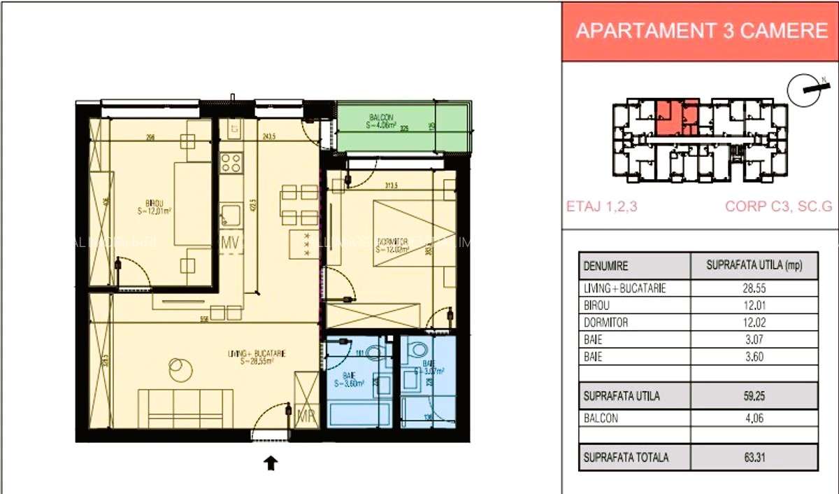 Leordeni Primarie - Apartament 3 camere 63 mp Finalizat - Imagine principală: 5/16