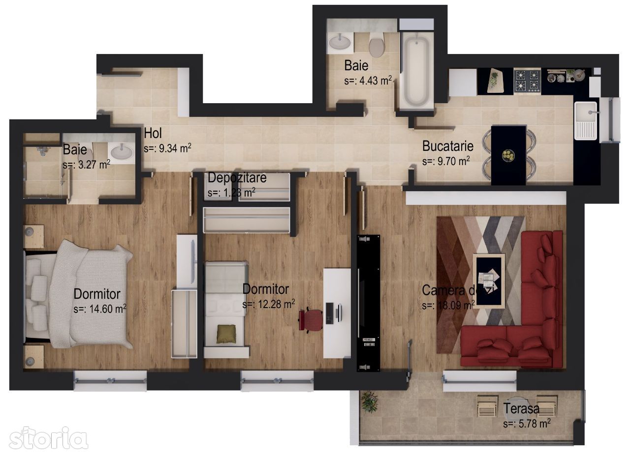 Apartament cu 3 camere - boxă inclusă în preț