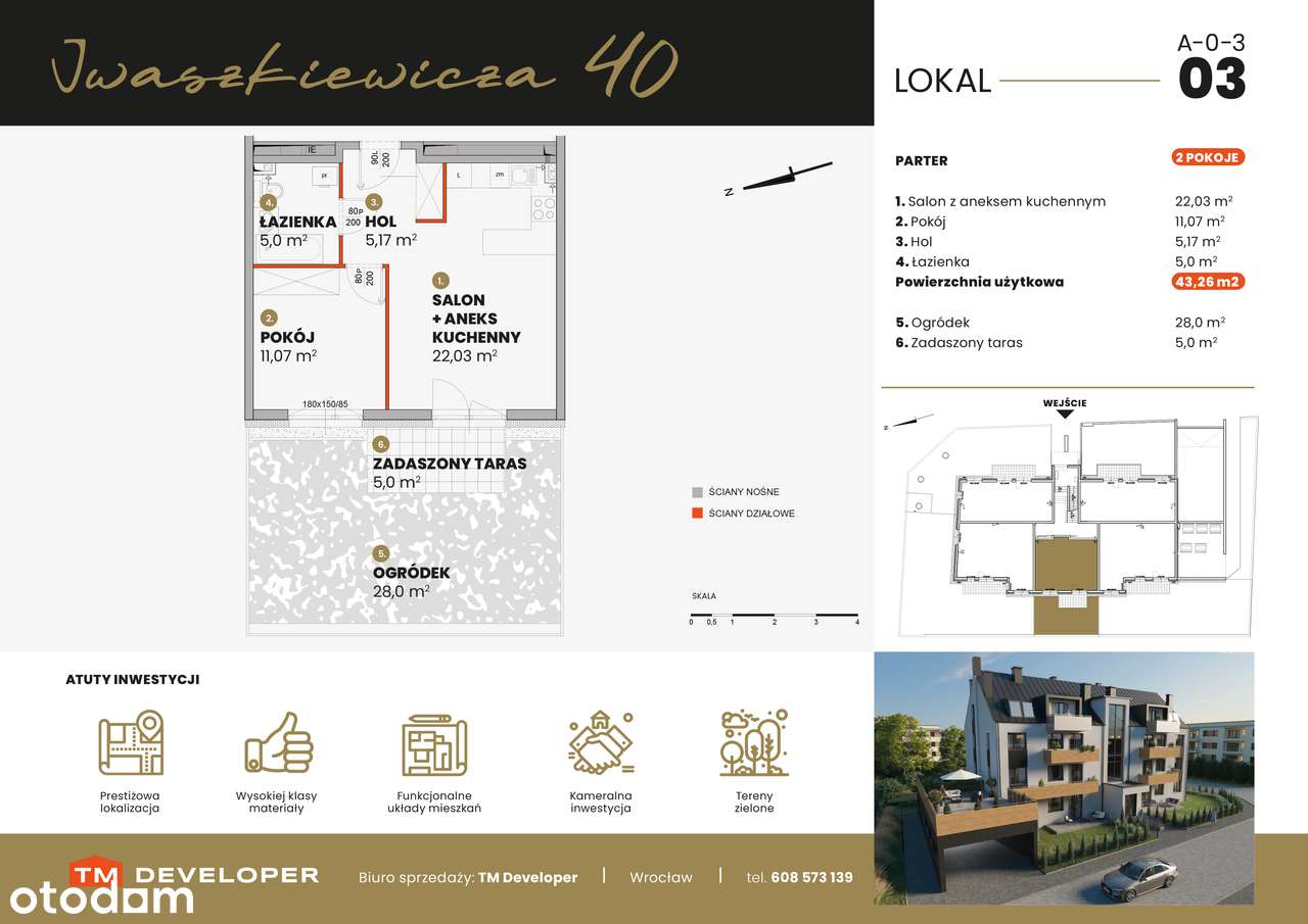A-03 , 43,26 m2,projekt w cenie!, rolety elektr.+inst.pod klimat. - Pełny obrazek: 2/7