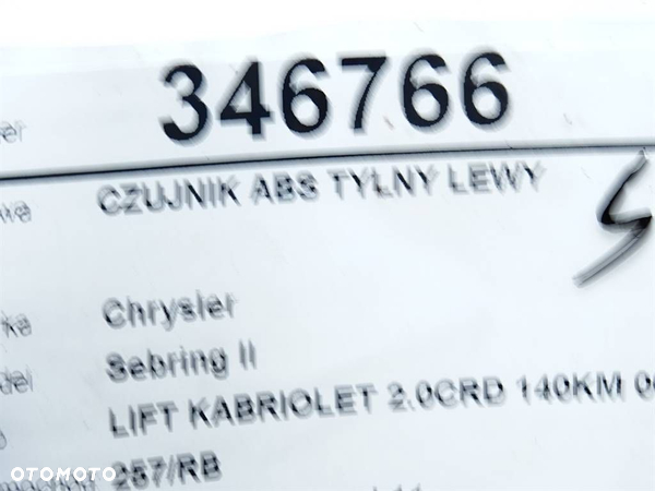 CZUJNIK ABS TYLNY LEWY CHRYSLER SEBRING kabriolet (JS) 2007 - 2010 2.0 CRD 103 kW [140 KM] olej - 6