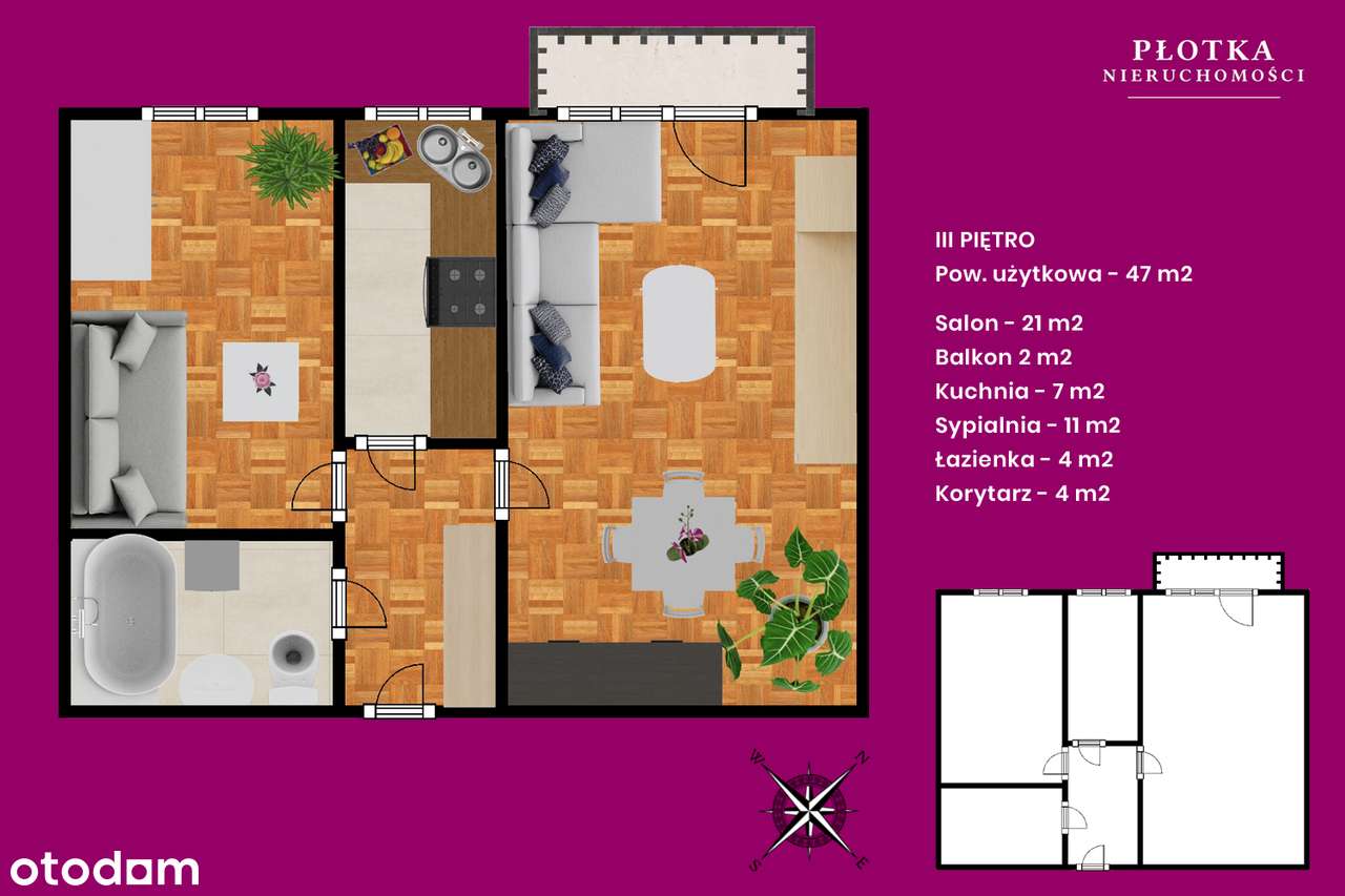 Łazarz | 2 pokoje 47,1 m² | osobna kuchnia | balkon BEZ PROWIZJI