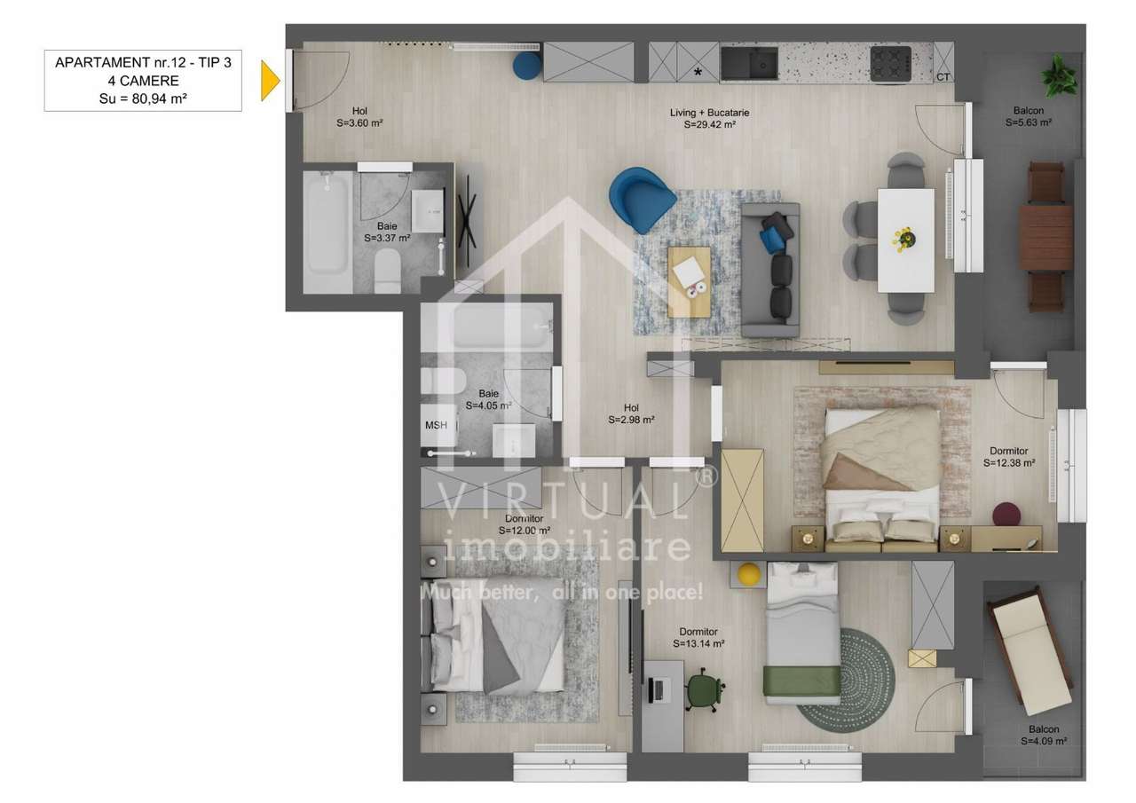 Apartament cu 4 camere 80,94 mp + balcoane |Doamna Stanca - Imagine principală: 2/5