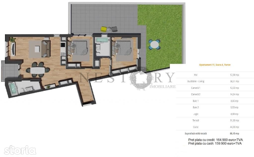 Apartament cu 3 camere|semifinisat|terasa 32 mp|curte 50 mp||zona Vivo